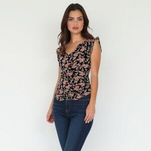 LOFT Floral Ruffle Sleeveless Blouse XS Black Pink Ditsy Print V-Neck❤️